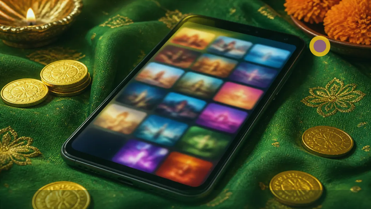 Android phone in hand showing festive green table mood without readable UI text