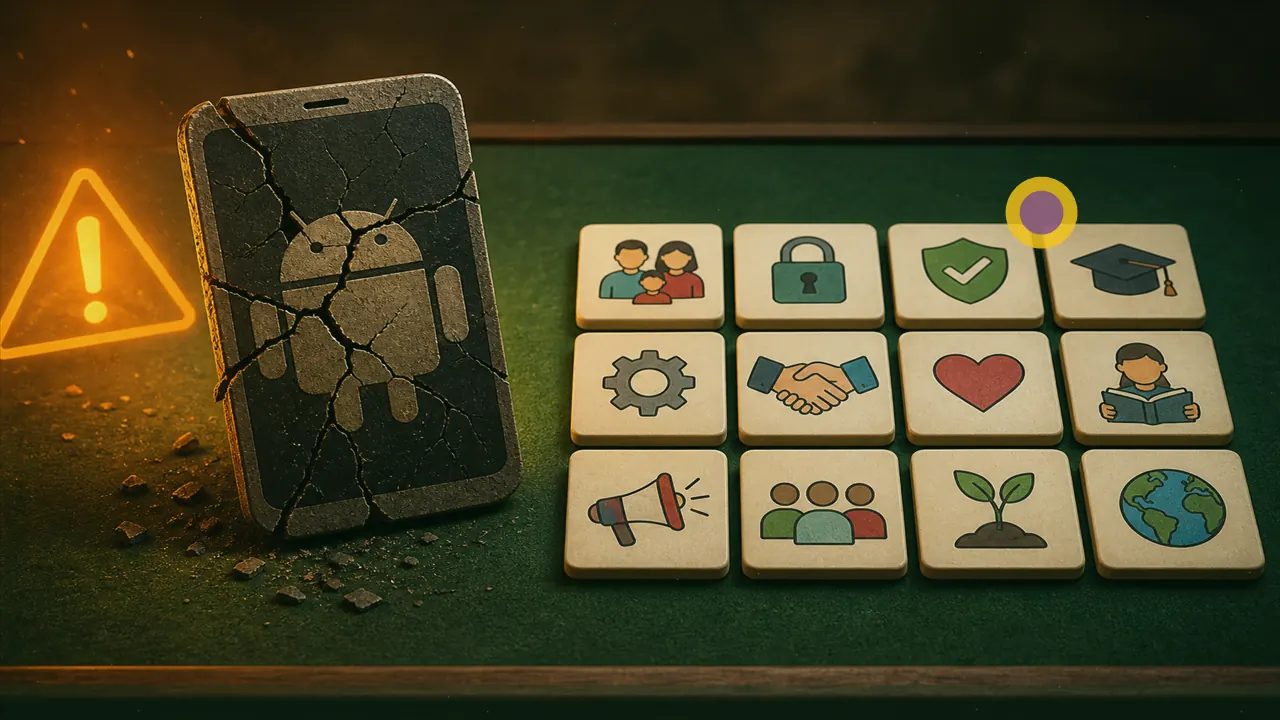 Checklist of danger icons stamped over a cracked APK badge