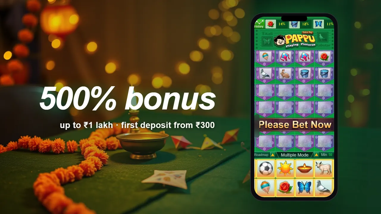 500% bonus up to ₹1 lakh next to a real Pappu table on a phone, Please Bet Now on the screen