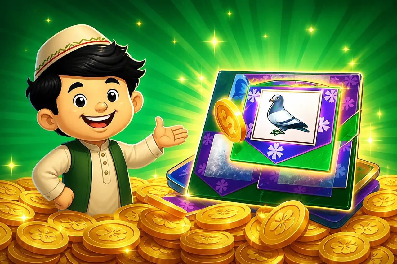 Close-up of purple card backs flipping toward a diya and kite icon on green felt