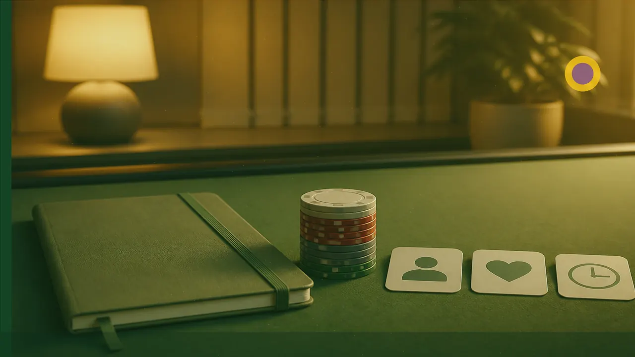 Calm desk scene with phone face-down beside unused chips