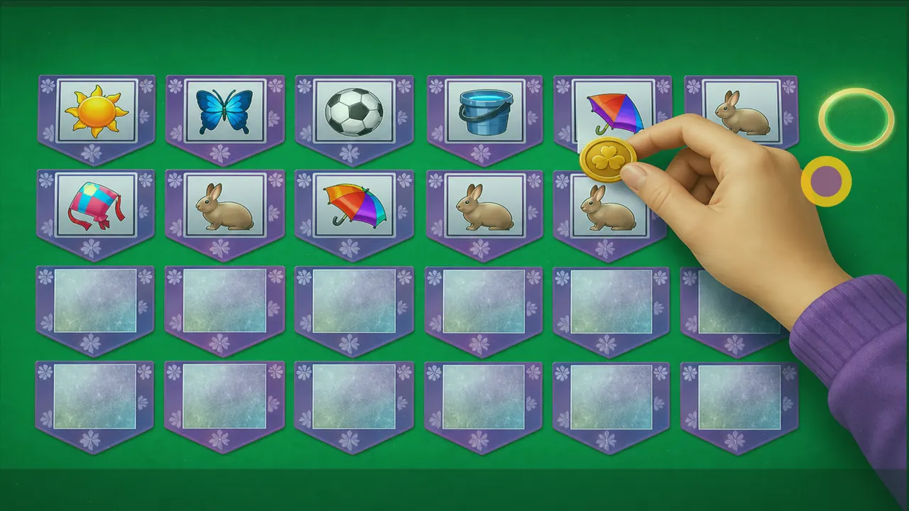Circular countdown beside a reveal grid of purple picture cards