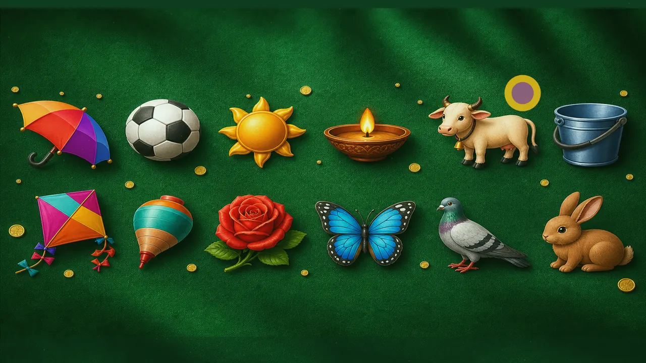 Grid of twelve festive still-life icons with soft gold coin accents